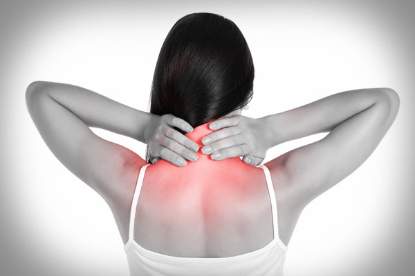 black and white photo of woman with neck pain highlighted in red